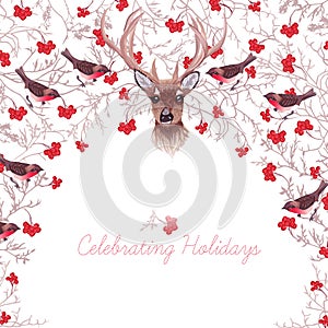 Reindeer, rowanberry, bullfinches and tree branches round vector photo