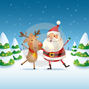 Reindeer and Santa Claus celebrate Christmas holidays - cute and happy vector illustration on winter landscape