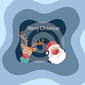 Reindeer and Santa Claus wearing red medical face mask in blue layer background. Merry Christmas festival celebration in Covid-19