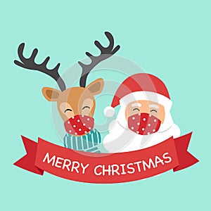 Reindeer and Santa Claus wearing red medical face mask in flat design. Merry Christmas festival celebration in Covid-19 Coronaviru