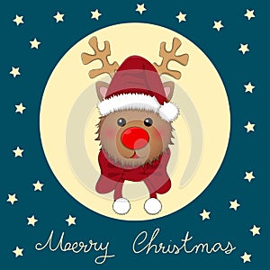 Reindeer Santa with Red Scarf on Blue Christmas Greeting Card. Vector Illustration