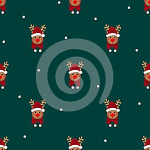 Reindeer Santa with Red Scarf and White Snow on Green Background