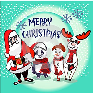 Reindeer, Santa, Snowman and Panda on holiday card Background