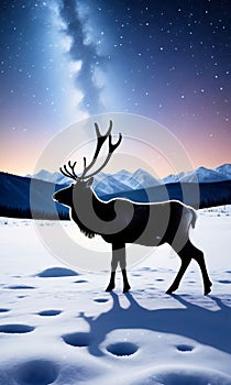 Reindeer Silhouette And A Starry Backdrop In A Snow-Covered Fiel. Generative AI