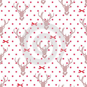 Reindeer silhouettes, red ribbon bows and stars seamless vector