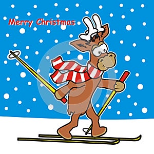 Reindeer and ski, art, card, vector humorous illustration, Merry Christmas