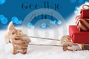 Reindeer With Sled, Blue Background, Text Goodbye 2018