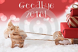 Reindeer With Sled, Red Background, Text Goodbye 2018