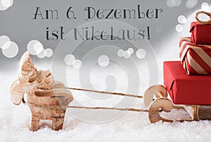 Reindeer With Sled, Silver Background, Nikolaus Means Nicholas Day
