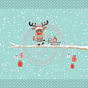 Reindeer With Sleigh On Branch Sky Turquoise Dots Border