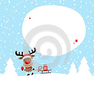 Reindeer With Sleigh In Forest Speech Bubble Snow Blue