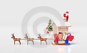 Reindeer sleigh with jet engine,santa claus,house, gift box,christmas tree isolated on white background.website or poster or