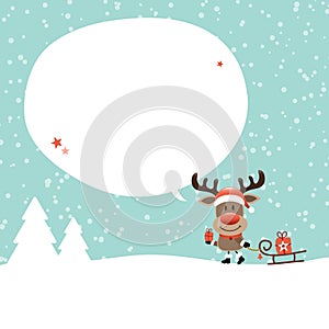 Reindeer With Sleigh Speech Bubble In Forest Snow Turquoise