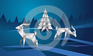 Reindeer and spruce. Metallic Polygonal Landscape with Deer and Christmas Tree on Snowy Background.