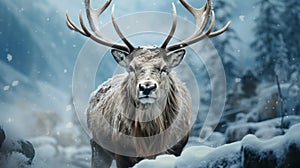 A reindeer standing in the snow. Generative AI.