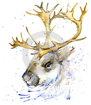 Reindeer watercolor T-shirt graphics,. Reindeer illustration with splash watercolor textured background.