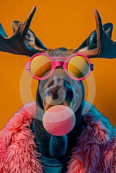 Reindeer wearing sunglasses and blowing bubble with bubble gum