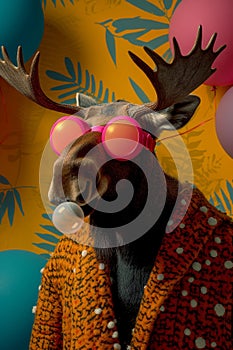 Reindeer is wearing sunglasses and blowing bubble with chewing gum