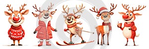 Reindeers in festive outfits, skiing and enjoying the holiday season on a transparent background. Christmas characters photo