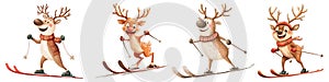 Reindeers skiing on a transparent background. Winter sports, festive reindeers, holiday activities, Christmas fun photo