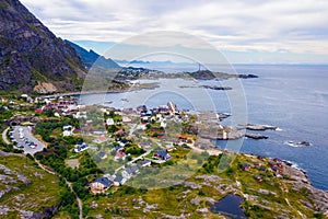 Reine fishing village surrounded by high mountains and fjords on Lofoten islands