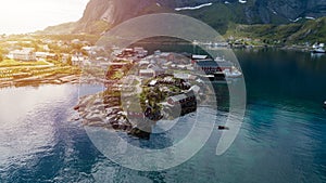 Reine in Lofoten Islands, Norway, with traditional red rorbu huts