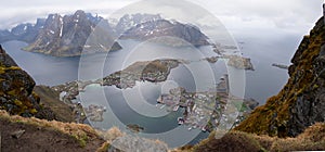 Reine, Lofoten, Norway. Arieal view of the small fishing village know from commercial fishing and dried air-dried cod