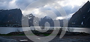 Reine, Lofoten, Norway. Arieal view of the small fishing village know from commercial fishing and dried air-dried cod