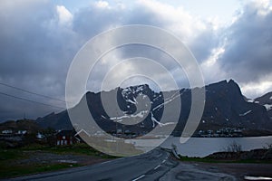 Reine, Lofoten, Norway. Arieal view of the small fishing village know from commercial fishing and dried air-dried cod