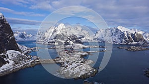 Reine Village and Mountains in Winter. Lofoten Islands, Norway. Aerial View