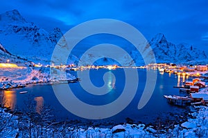 Reine village at night. Lofoten islands, Norway