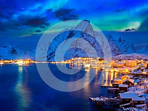 Reine village at night. Lofoten islands, Norway