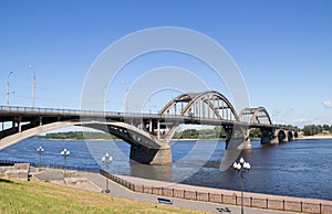 Reinforced concrete arched road bridge over the Volga river in Rybinsk