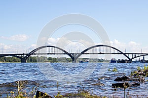 Reinforced concrete arched road bridge over the Volga river in Rybinsk