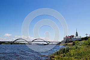 Reinforced concrete arched road bridge over the Volga river in Rybinsk