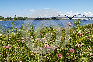 Reinforced concrete arched road bridge over the Volga river in Rybinsk