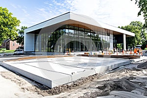 A reinforced concrete slab integrates steel rebar with a dense concrete mix, ensuring superior strength photo