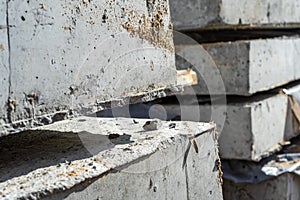 Reinforced concrete slabs angular close-up view. Construction and production of concrete slabs and floors
