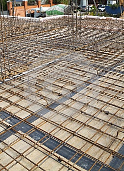 reinforcement of concrete with metal rods connected by wire. vie