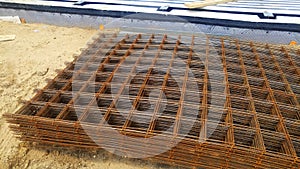 Reinforcement metal framework for concrete pouring. Ready for filling