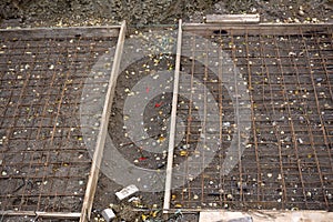 Reinforcement metal framework for concrete pouring. Ready for filling up with concrete - foundation of a new house