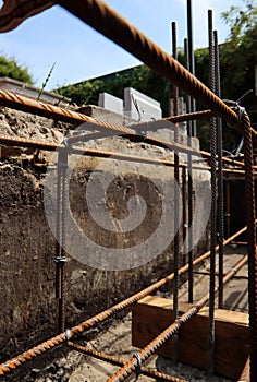 Reinforcement steel bars close up photo.