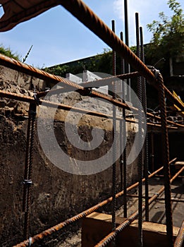 Reinforcement steel bars close up photo.