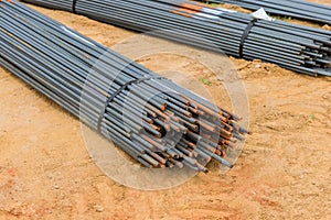 Reinforcement with steel bars at a construction site