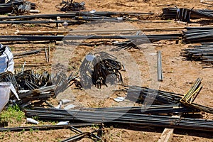 Reinforcement with steel bars rebar wires for reinforced concrete buildings at a construction site