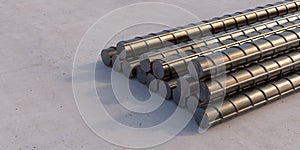 Reinforcing steel bars, metal round rebars rods stack on concrete background. 3d illustration
