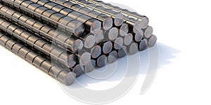 Reinforcing steel bars, metal round rebars rods stack on white background. 3d illustration