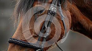The reins of a horses bridle are wrapped with a thin strip of black lace adding a delicate touch to the powerful beast. photo
