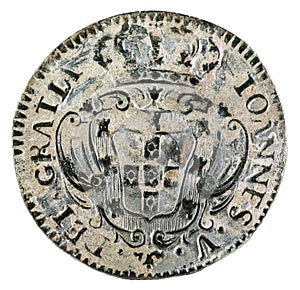 3 reis of the King Ioannes V of Portugal isolated on a white background