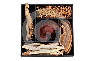 Reishi , lingzhi ,ginseng,cordyceps militaris and glycyrrhiza glabra isolated on white background with clipping path.top view,flat